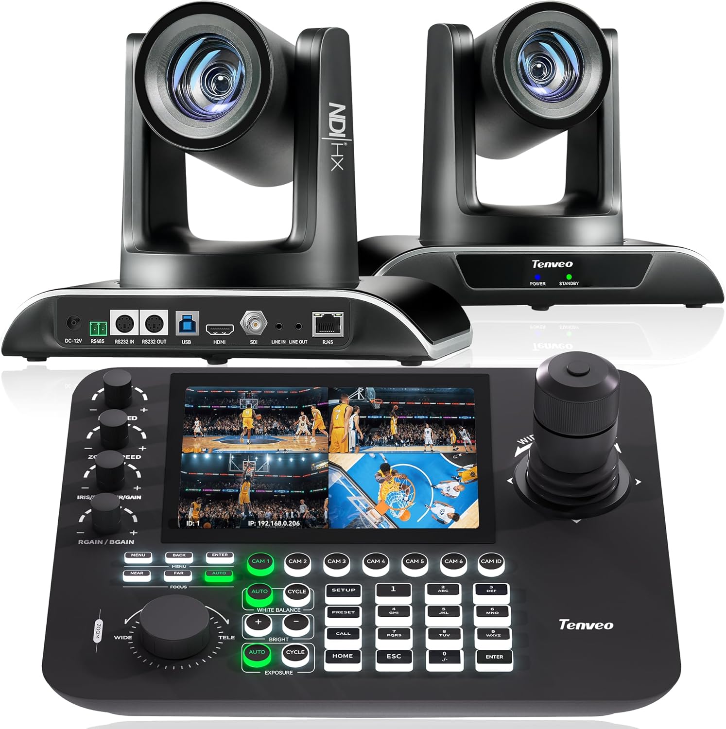 NDI PTZ Camera AI Auto Tracking SDI/HDMI/USB3.0/LAN(PoE) 30X Optical+8X Digital Zoom(*2) and 7’’ LCD Quad-Screen NDI PTZ Joystick Controller Bundle/Kit for Church Service Worship Live Stream