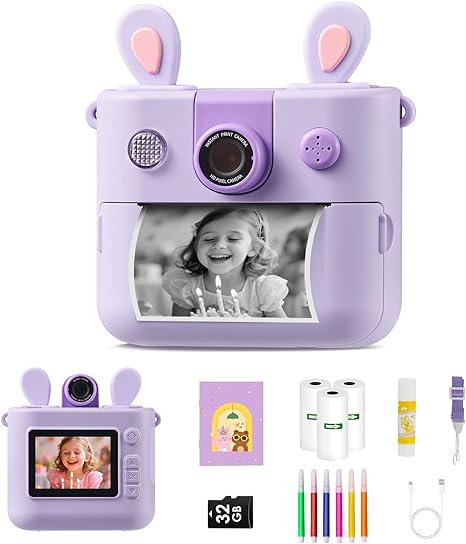 Kids Instant Print Camera for Boys and Girls 1080P HD Toddler Digital Camera with 3 Rolls Print Paper&32G Card