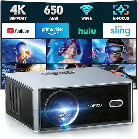 Smart Projector with WiFi and Bluetooth, SOPYOU Outdoor Movie Projector 4K Decodes Max 450", Electric Focus & Auto Keystone, Built-in Netflix/YouTube/Prime Video
