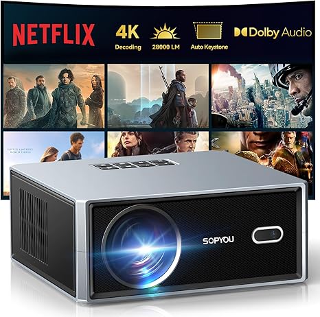 Smart Projector with WiFi and Bluetooth, SOPYOU Outdoor Movie Projector 4K Decodes Max 450", Electric Focus & Auto Keystone, Built-in Netflix/YouTube/Prime Video