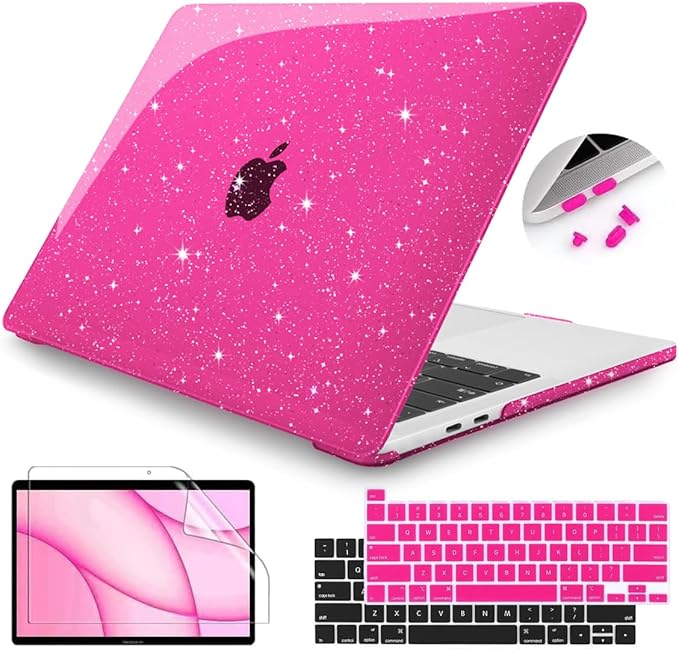 MacBook Pro 13 inch Case M2 M1 A2338 A2251 A2289 A2159 A1989 A1708 A1706 (2016-2022 Release), Glitter Sparkly Plastic Hard Shell with Keyboard Cover & Screen Protector, Sparkly Pink