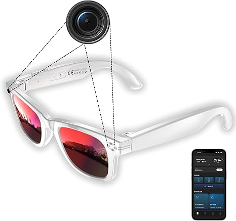Smart Camera Glasses-8MP Hands-Free Photo&Video,AI Object Recognition with Voice Feedback,Real-Time Translation,Bluetooth 5.3 Audio & Calls,Built-in Storage,IP67 Waterproof,Red-White Design