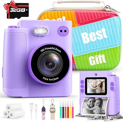 Gift for Girls Kids Camera: Instant Print Dual Lens Digital Camera Toys for Girl 3-12 Birthday Christmas Valentines Gifts for Kid Girls Boys Ages 3 4 5 6 7 8 9 10 with 32G SD Card Storage Bag