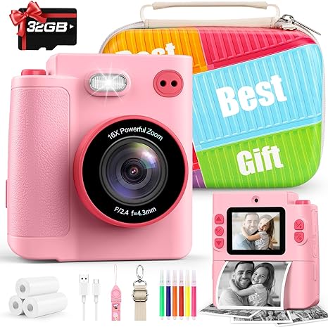 Gift for Girls Kids Camera: Instant Print Dual Lens Digital Camera Toys for Girl 3-12 Birthday Christmas Valentines Gifts for Kid Girls Boys Ages 3 4 5 6 7 8 9 10 with 32G SD Card Storage Bag