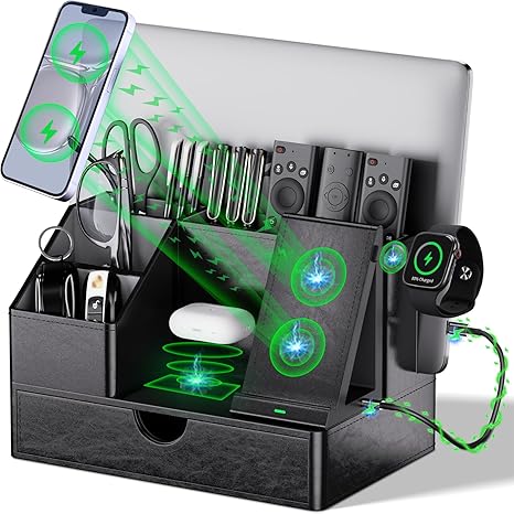 Black PU Leather Multi-Device Charging Station with Drawer - 6-in-1 Desktop Organizer for Phone, iPad, Tablet, Laptop, Watch, Headphones - Electronics Docking Hub & Storage Box for Office Home