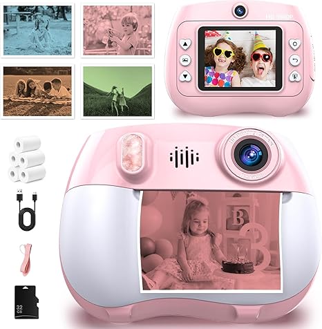 Kids Camera Instant Print 1080P Front Rear Dual Selfie - Kids Digital Camera with Video Games, 32GB & 5-Color Print Paper/ 250 Photos,Easy to Use & Great Toys