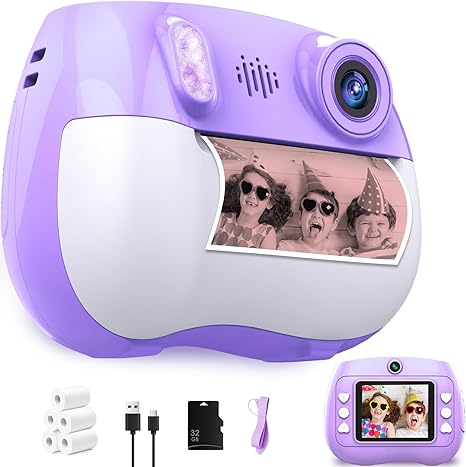 Kids Camera Instant Print 1080P Front Rear Dual Selfie - Toddler Cameras with Digital Video Games,32GB & 5-Color Print Paper/ 250 Photos,Easy to Use & Great Toys Gifts for Boys Girls